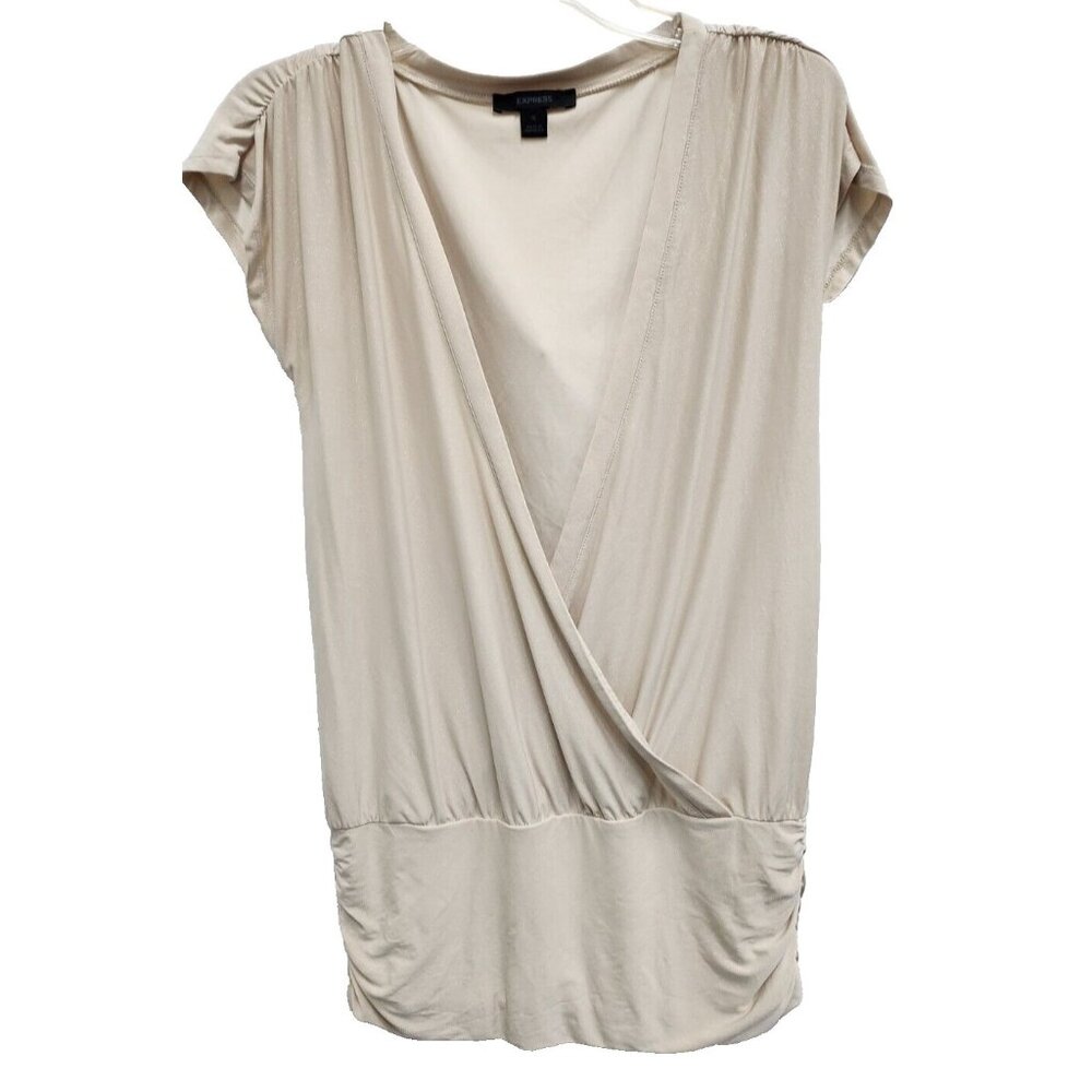 Y2K Express Womens Faux Wrap‎ Top Small Cream V-Neck Ruched Shimmery Neutral